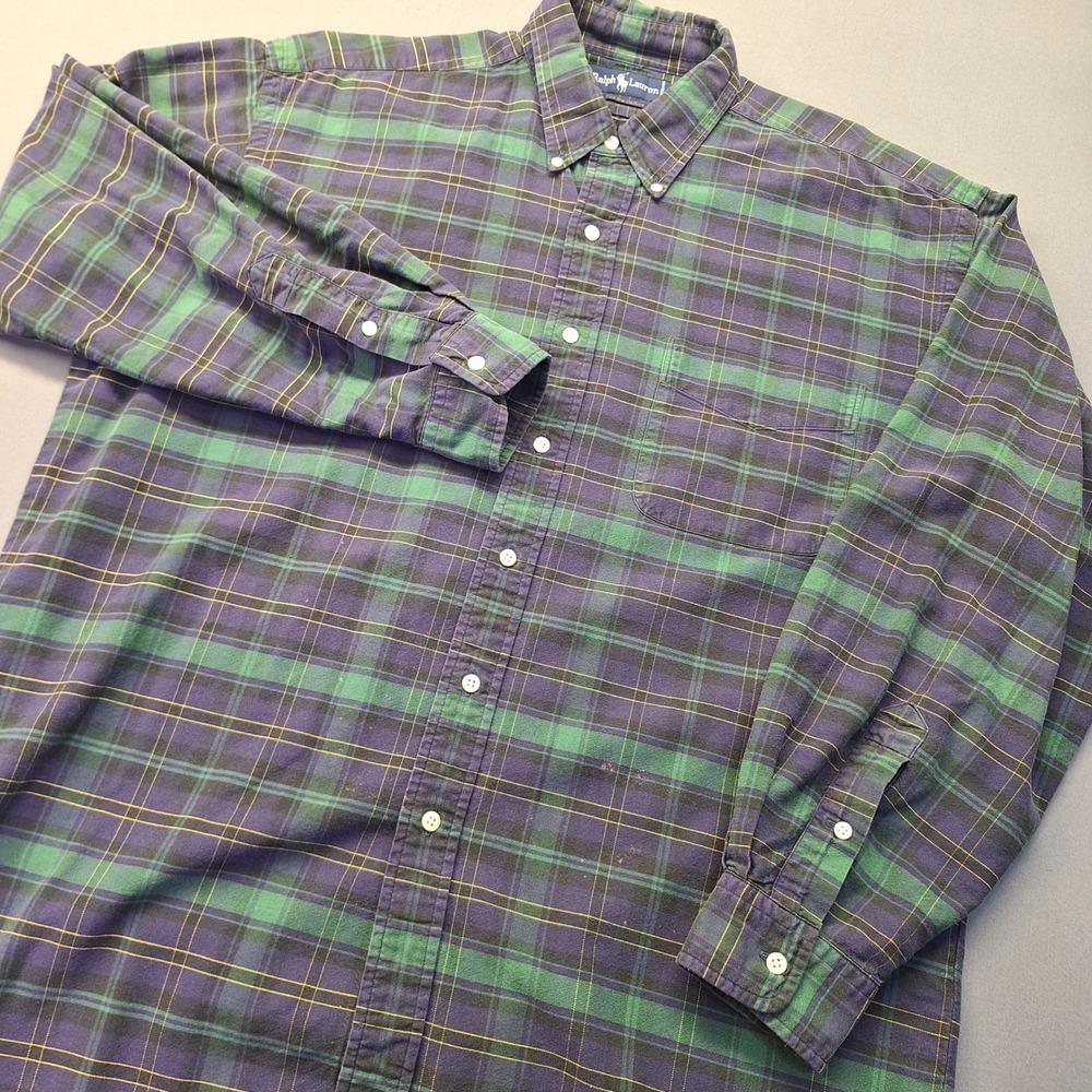 Ralph Lauren The Big Oxford Shirt Mens Large Green Navy Blue Plaid Cotton Grunge